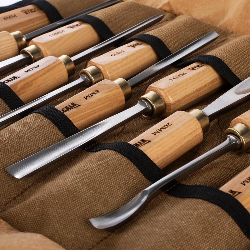 IMOTECHOM 12-Pieces Woodworking Wood Carving Tools Chisel Set with Canvas Bag, Razor Sharp CR-V 60 Steel Blades - Image 3